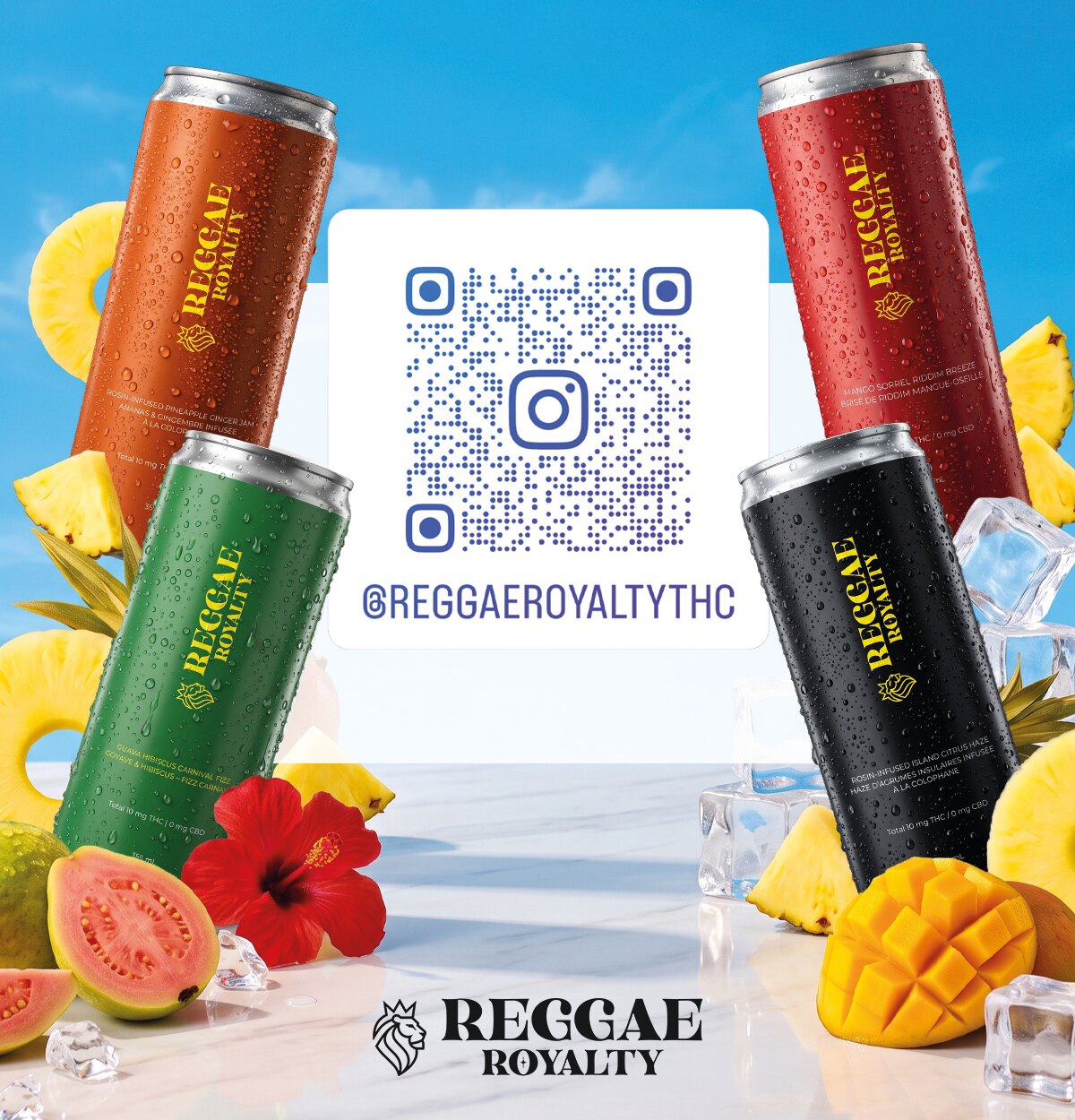 Instagram QR code for @reggaeroyaltythc surrounded by Reggae Royalty cans and fruit